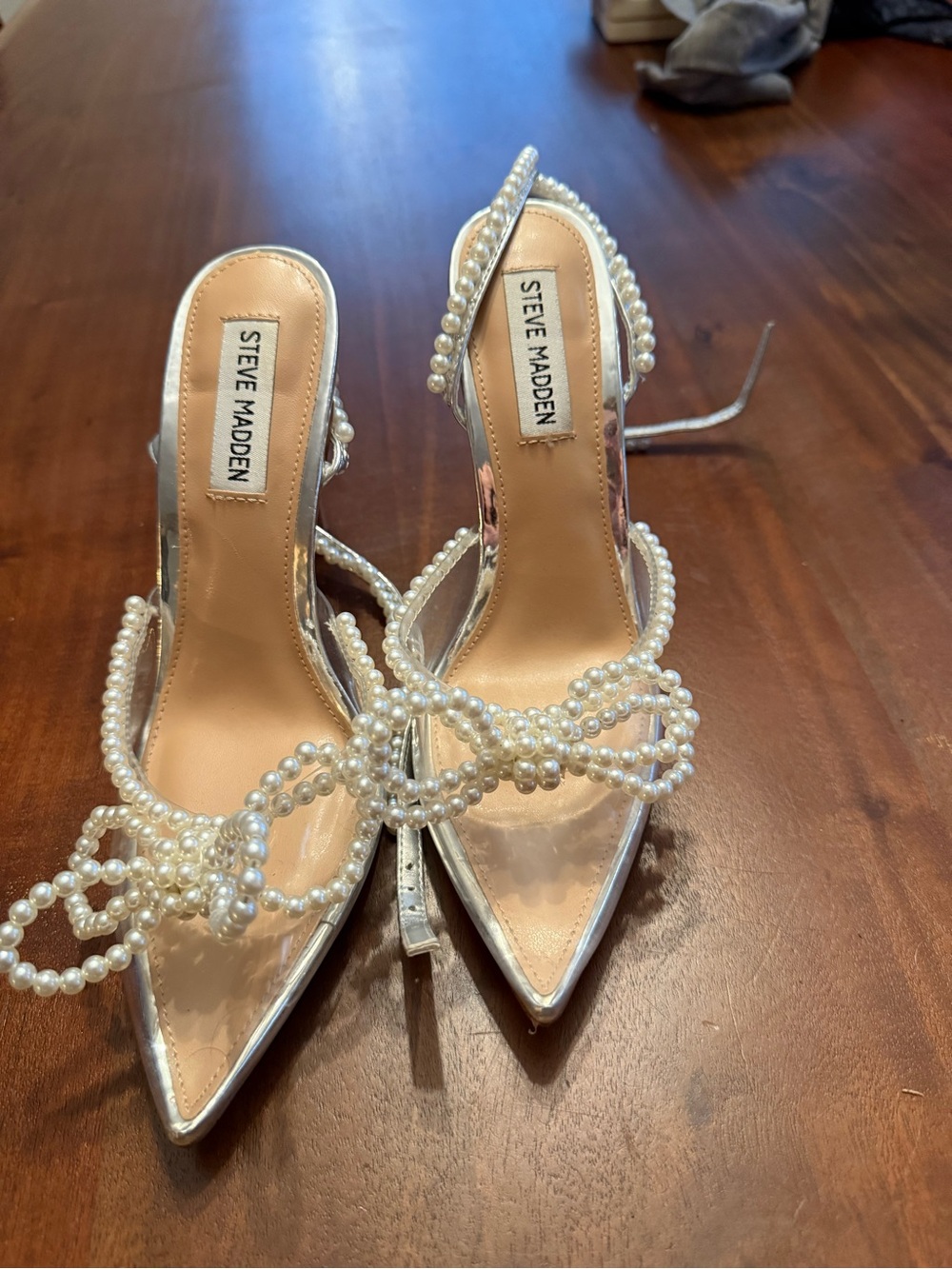 Steve Madden Silver Pearl-Embellished Heeled Sandals - Picture 2 of 4
